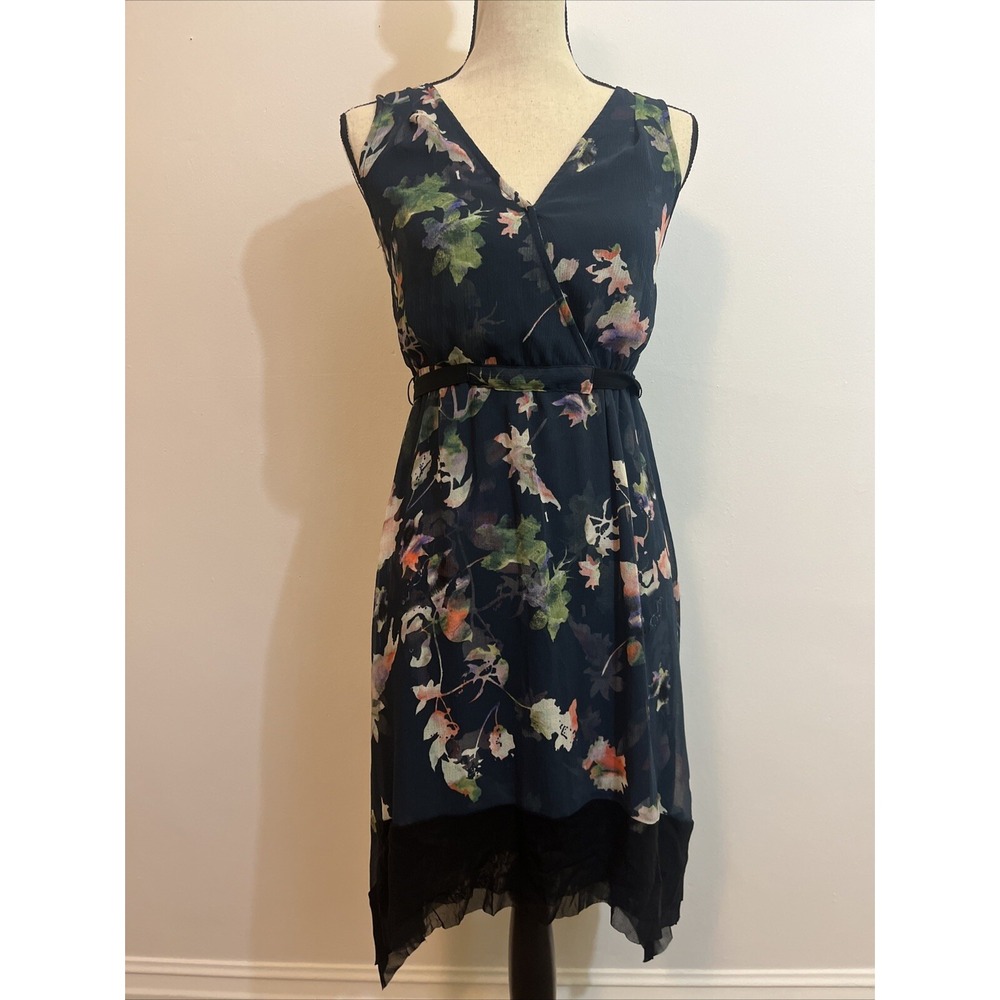 Simply Vera Wang Navy Blue Floral Dress PS Sheer Layered Lined Sleeveless Bow‎ V
